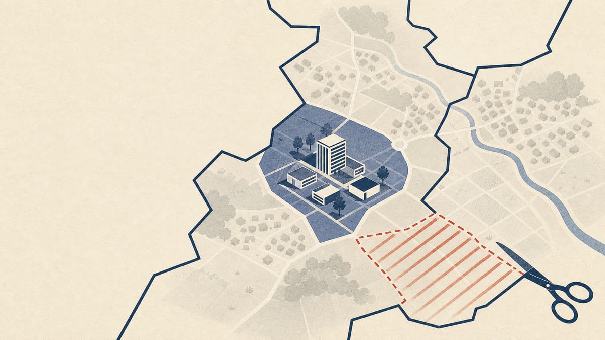 Stylized zoning map showing overlapping municipal boundaries, a town-center office cluster, and a hazard zone being removed from a residential planning area.