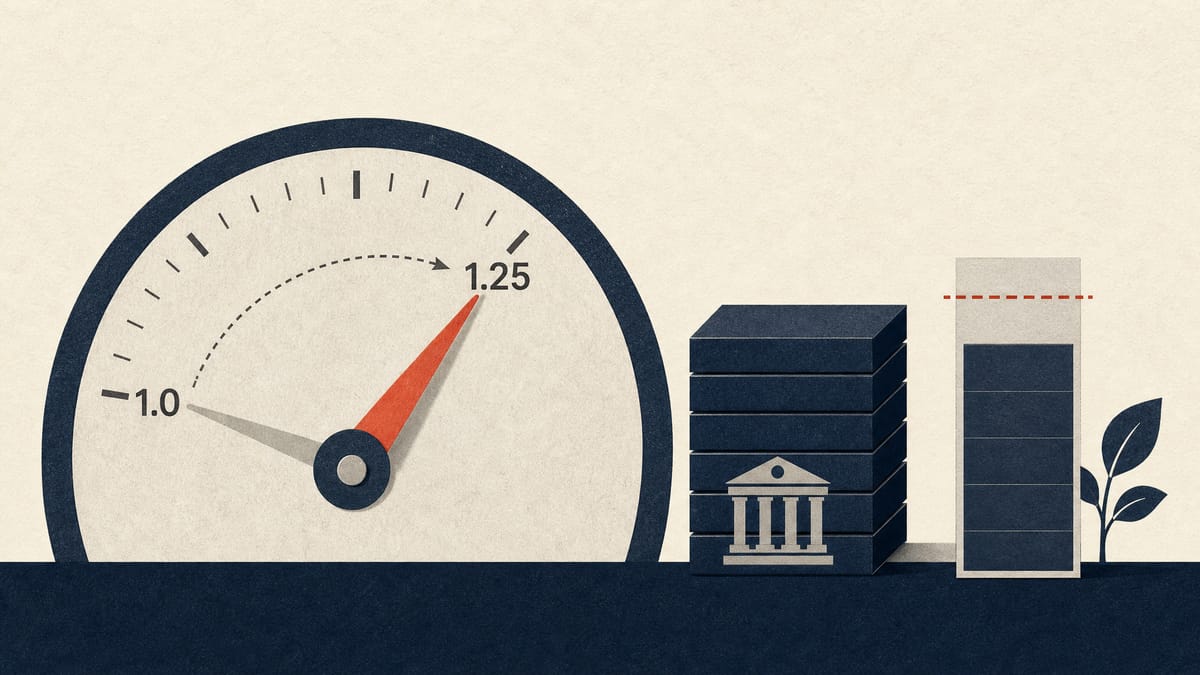 Illustration of an interest-rate dial moving from 1.0 percent to 1.25 percent next to bank reserve ledger blocks and a capped climate-lending meter.