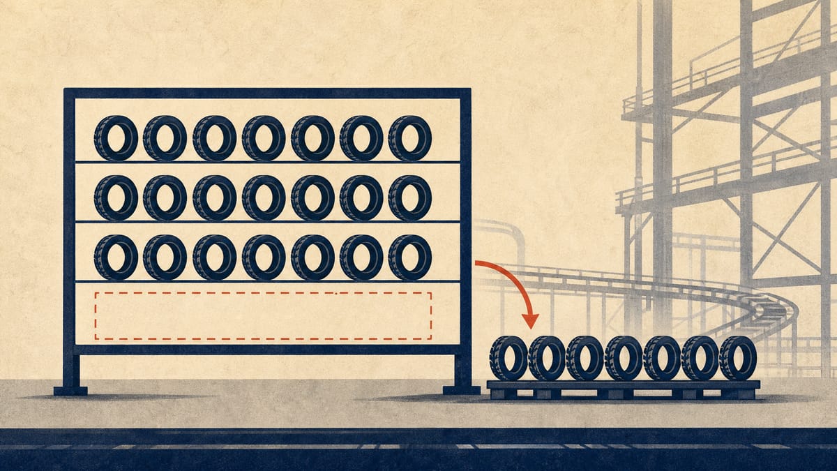 Illustration of stacked tire cross-sections on an industrial pallet with one row removed, symbolizing a reduction in share count.