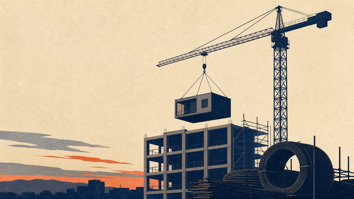Illustration of a crane assembling a modular apartment building, representing financing for a Japanese rental-housing builder.