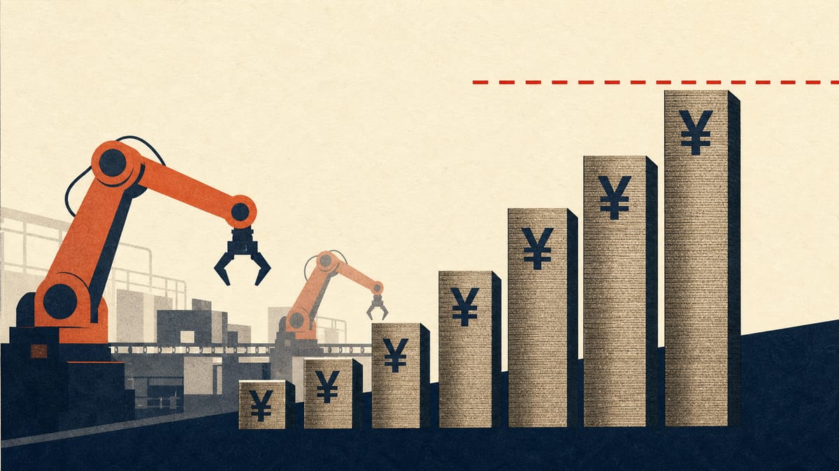 Illustration of orange robotic arms on a factory floor beside a stack of yen coin blocks nearing a marked spending cap.