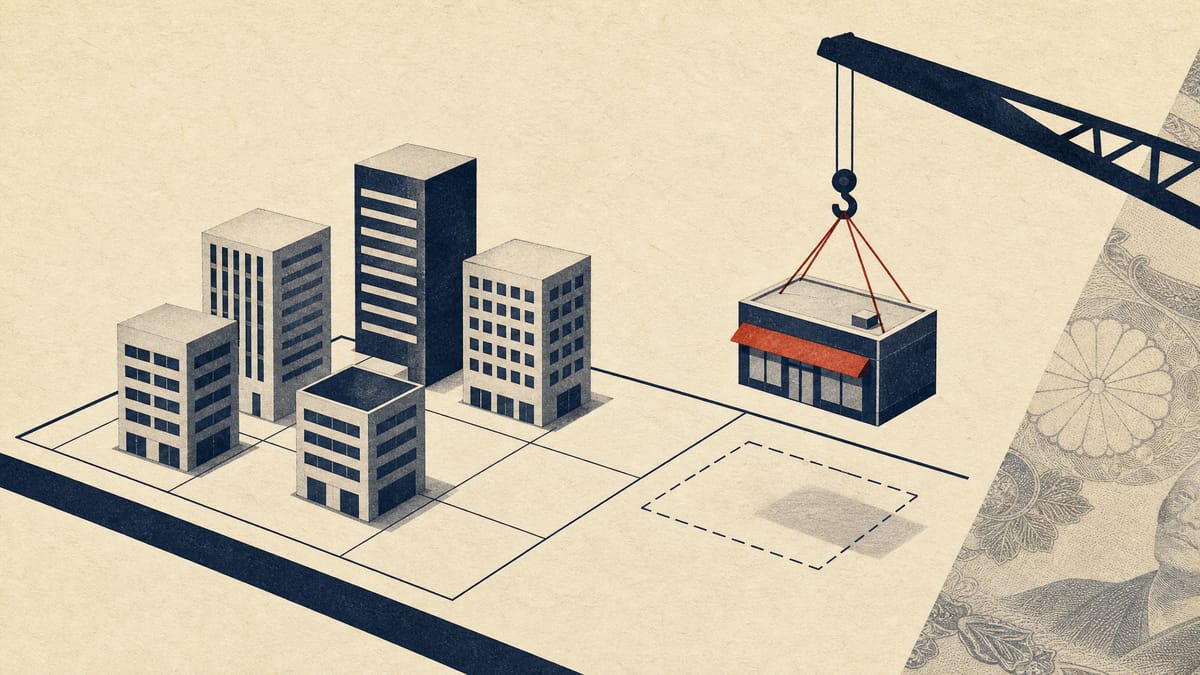 Illustration of small office-building blocks on a portfolio grid with a retail storefront block being lifted away by a crane arm.