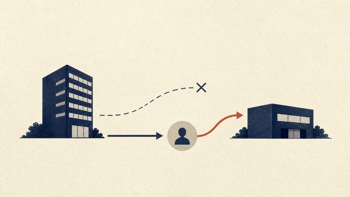 Illustration of a corporate contract-flow diagram showing a subsidiary's outsourced marketing work rerouted through an intermediary to another company.