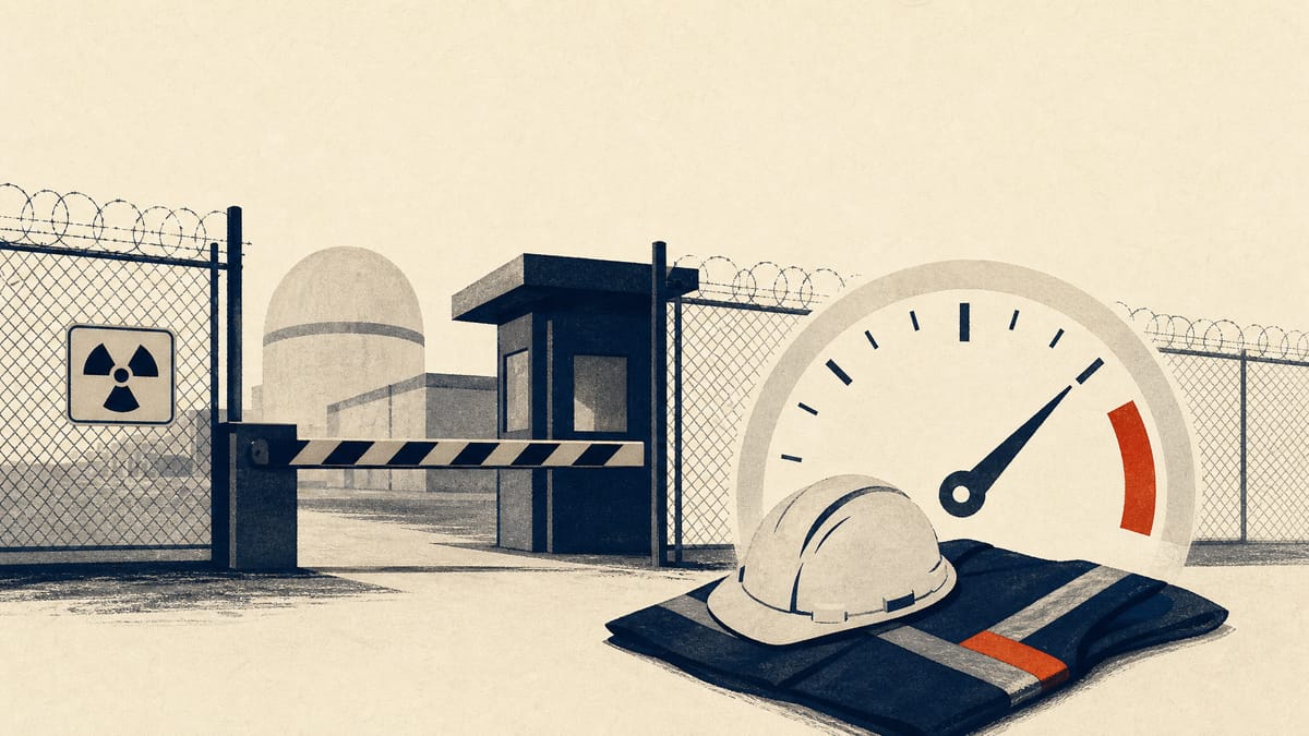 Illustration of a nuclear facility security checkpoint with a rising cost gauge, symbolizing higher regulatory inspection fees.