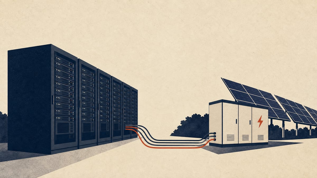 太陽光パネルと蓄電池に接続されたデータセンターのサーバーラックのイラスト、日本のデータセンター脱炭素化補助金制度を表す