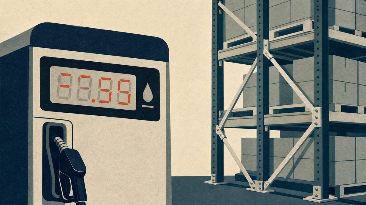 1リットルあたりの補助金額を示すガソリンスタンドの給油機表示と、目に見える耐震ブレースで補強された倉庫の棚を並べて描き、日本の燃料価格対策と震災復興という政策の系譜を象徴するイラスト