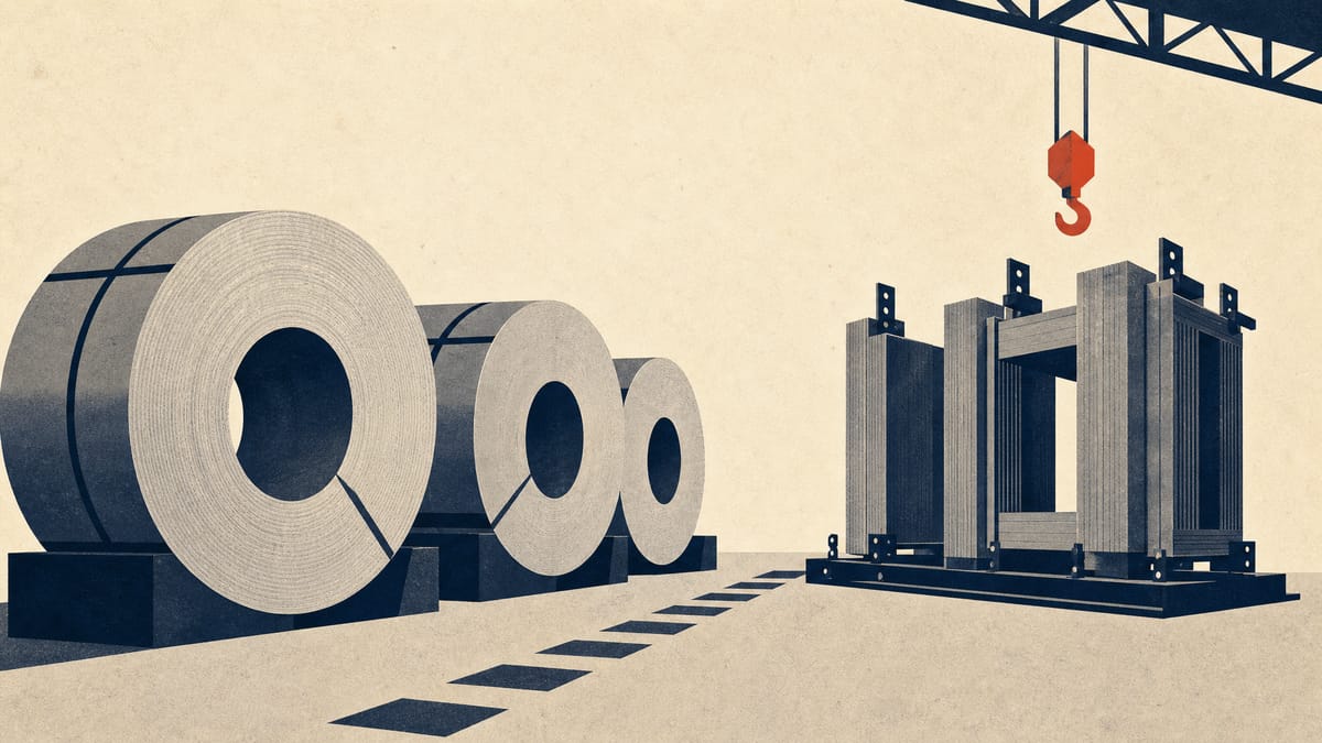 Coiled electrical steel sheet and transformer cores in an industrial plant, representing the Indian joint venture financed by Japanese lenders.