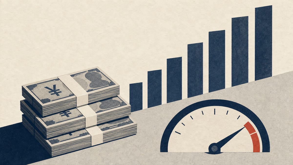 Illustration of a currency-intervention control panel with yen banknote bundles, a bond-issuance bar chart, and a market-confidence gauge dial.