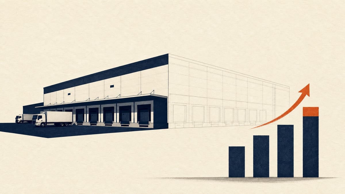 Illustration of a logistics warehouse with loading docks, part of the building shown in outline to suggest a change of ownership, with a rising bar chart of payouts in the foreground.