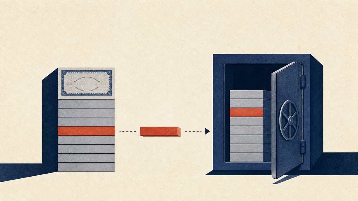 Abstract illustration of a block of shares moving from an investor's holding into a company's treasury vault during a share buyback.