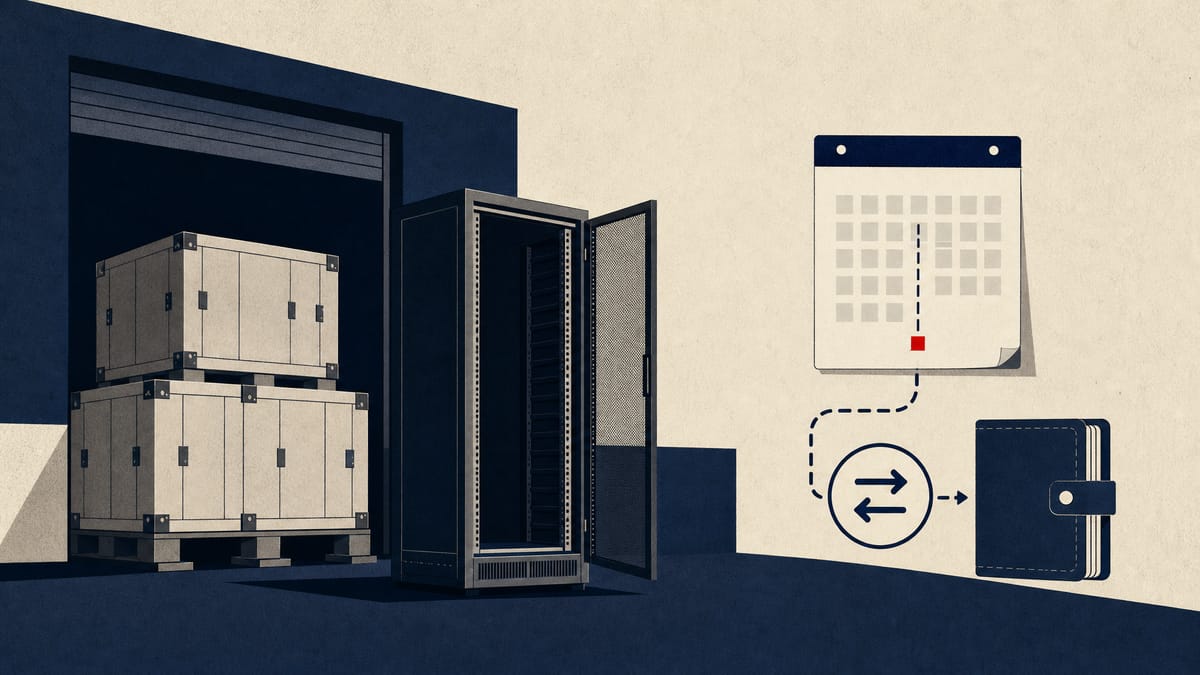 Illustration of unopened server crates and an empty data-center rack beside a calendar showing a long countdown, evoking a canceled GPU hardware order and a pending refund.