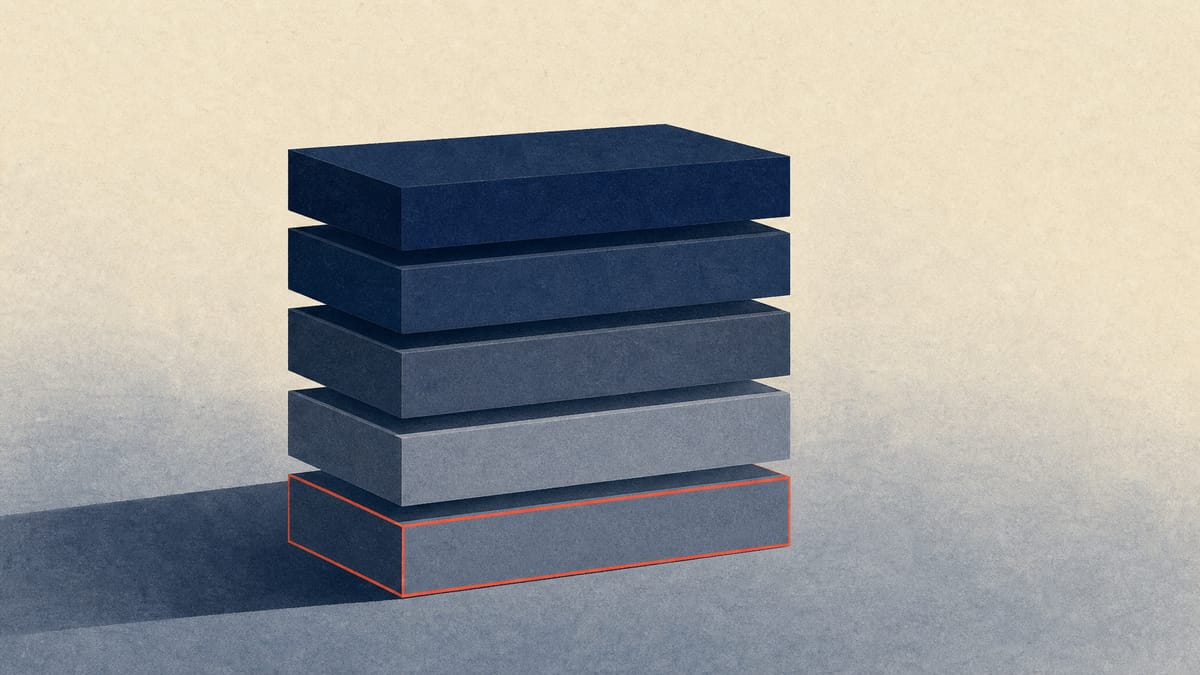Illustration of stacked rectangular blocks representing tiers of bond seniority, with the bottom subordinated tier marked by a thin red accent line.