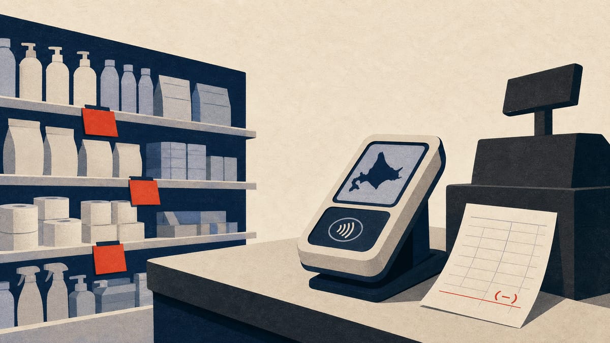 Illustration of a drugstore checkout counter with discounted goods, a regional loyalty-card terminal, and a ledger sheet showing a small quarterly loss.