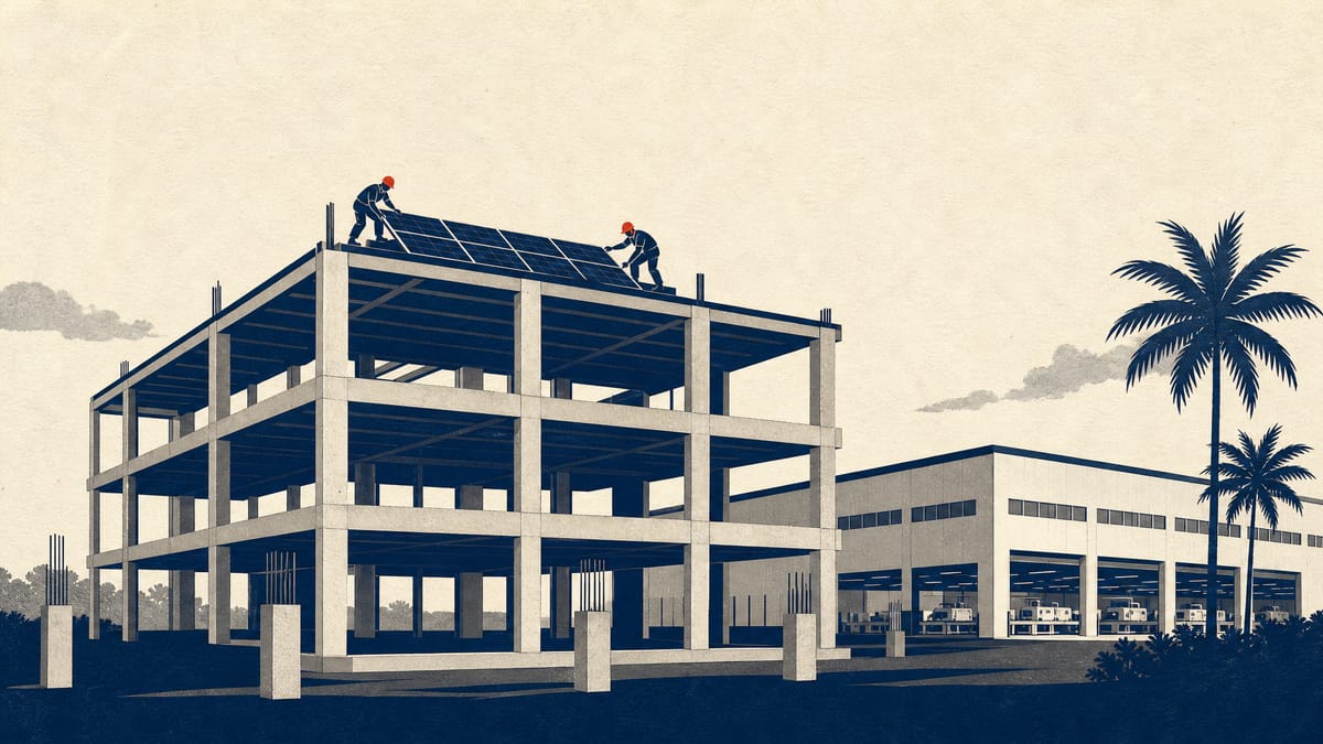 Illustration of a large three-story electronics factory under construction next to an existing plant, with solar panels being installed on the roof and empty assembly bays visible through open doors.