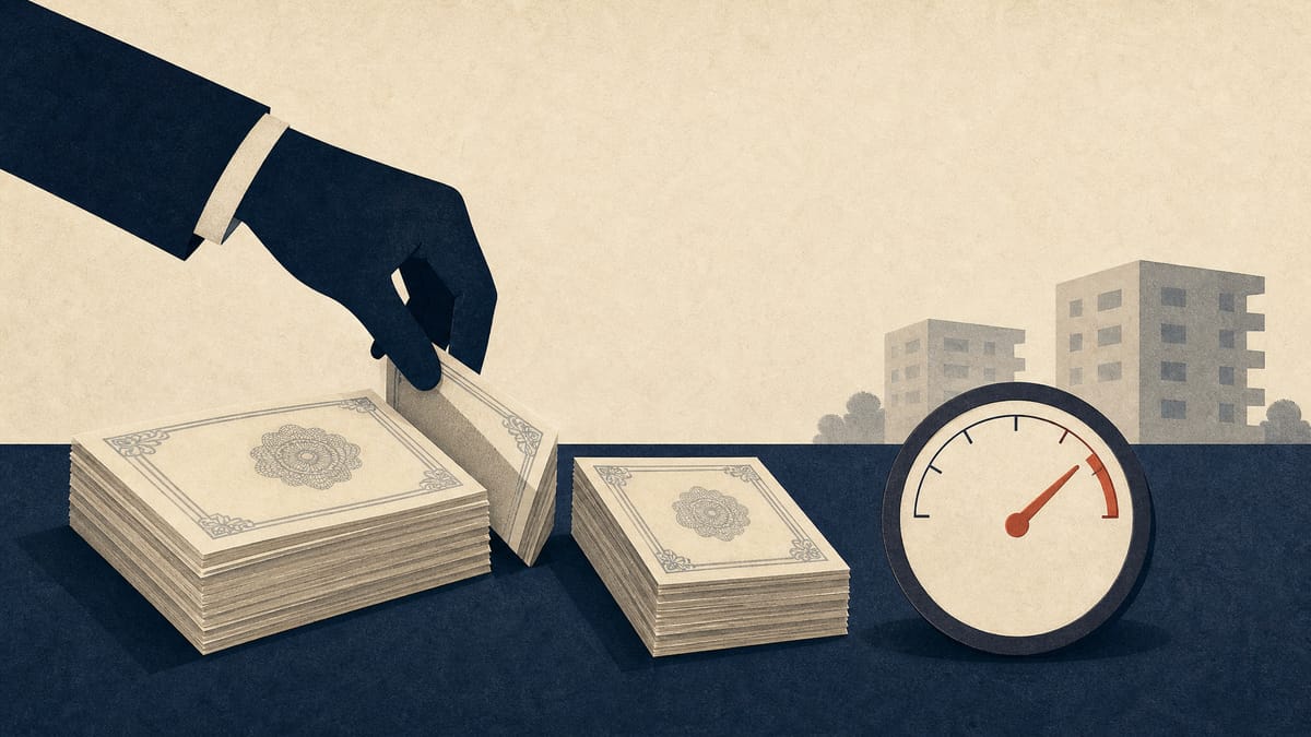 紙の株券の束が17.70%を示すダイヤルの横で二つの小さな束に分けられ、背景にはアパート建物のアイコンがうっすらと描かれているイラスト。