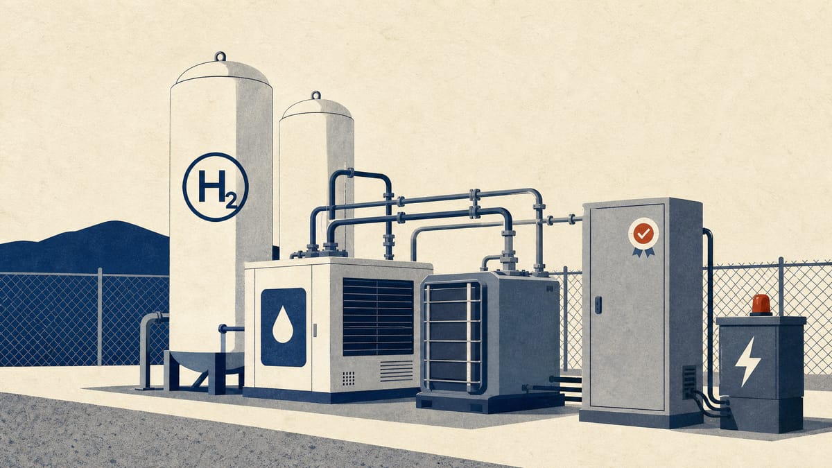 Illustration of hydrogen storage tanks, an electrolyzer and a fuel-cell unit connected to a control cabinet bearing a small certification sticker, representing a subsidized hydrogen energy system with a cybersecurity requirement.