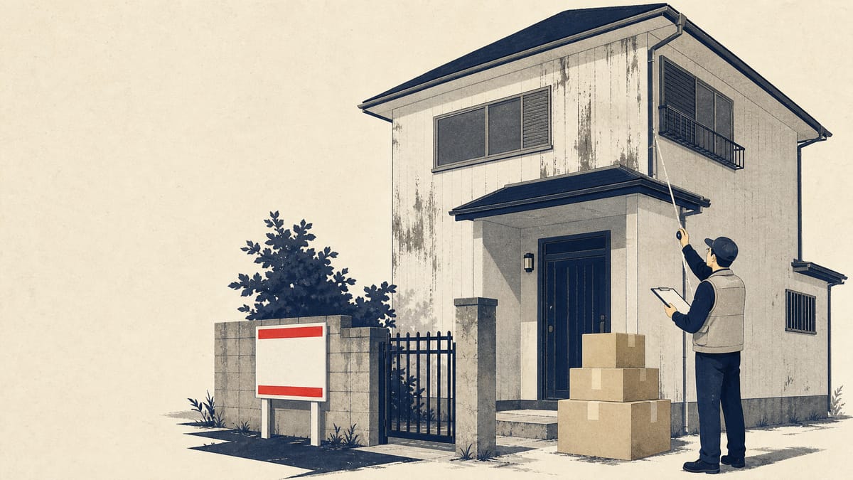 A home inspector examines the exterior of an older Japanese house marked for sale, with moving boxes stacked near the entrance, illustrating a subsidy for preparing inherited or vacant homes for resale.