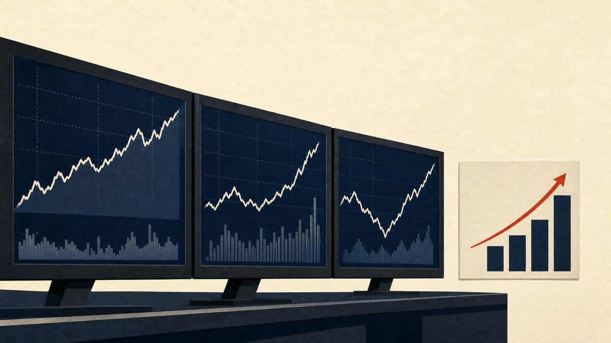 株式、債券先物、オプションの売買代金・取引高が上昇するグラフと配当額を示すパネルを表示した取引データ画面のイラスト。