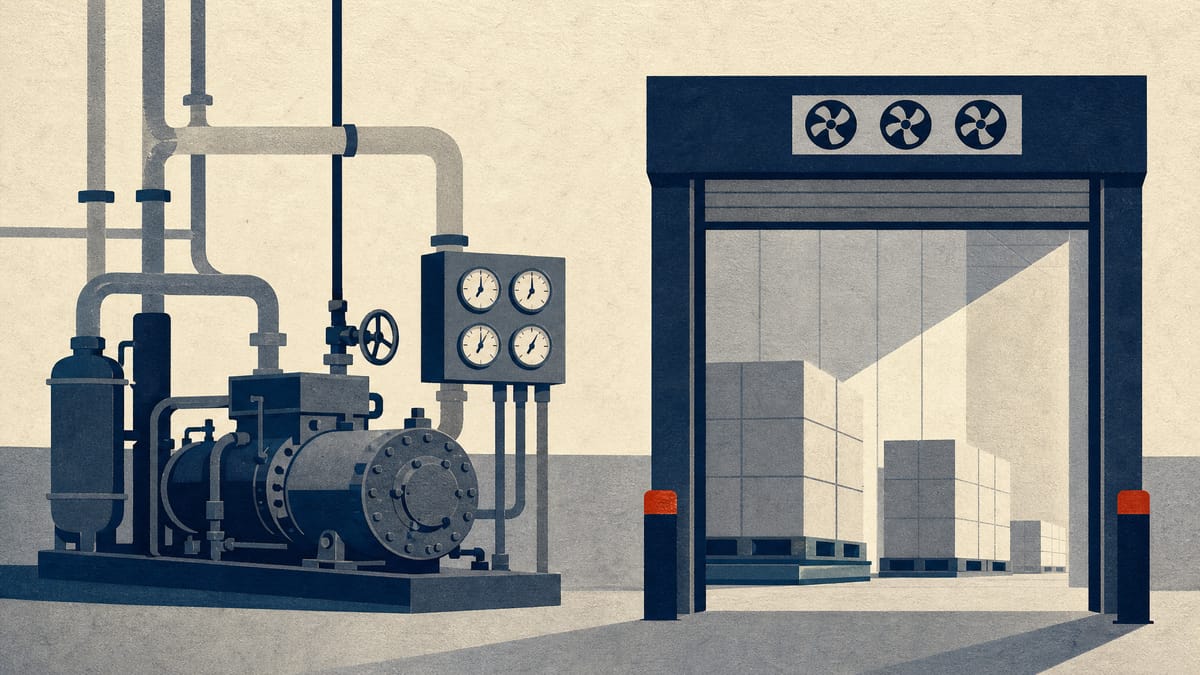 Industrial refrigeration compressors and insulated pipework inside a cold storage warehouse loading area.