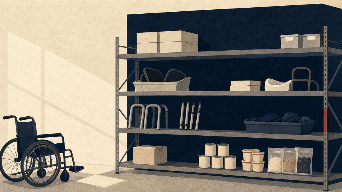 A supply room at a disability care facility showing shelving stocked with equipment and food containers, representing a prefecture subsidy addressing rising operating costs.