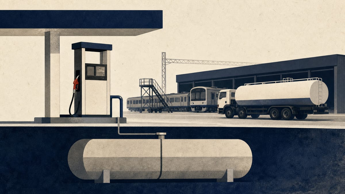 ガソリンスタンドの給油機が鉄道車両基地の脇に並び、燃料タンクローリーが停車している様子。鉄道事業者による燃料小売会社の買収を表す。