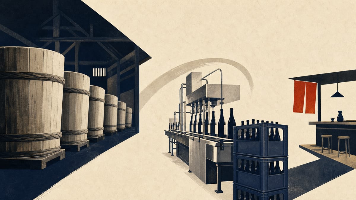 酒蔵内の木製発酵桶と瓶詰めラインを描いたイラストで、レストランチェーンが計画する駅前型新店舗への出荷用に瓶のケースが並べられている様子