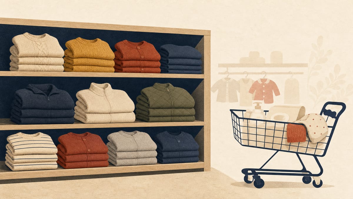 Store aisle stacked with folded autumn children's clothing and a shopping cart of baby-care goods.