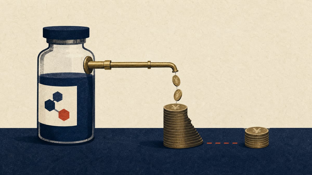 製薬用バイアルから細くなる管を通ってコインが流れ出し、縮小していく硬貨の山へと注がれるイラスト。手前には減配を表す、より小さな別の硬貨の山が描かれている。