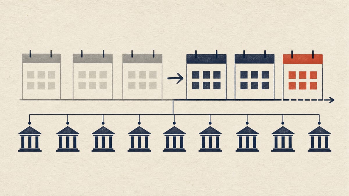 Illustration of a bank loan repayment timeline extending six months forward, with nine linked bank icons representing unanimous lender agreement and one accent marking the new deadline.