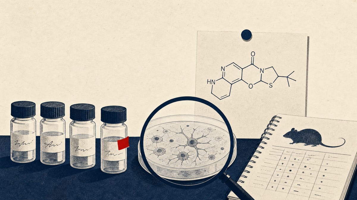 Editorial illustration of a laboratory bench with sample vials, a petri dish, and printed molecular research notes representing early-stage drug development.
