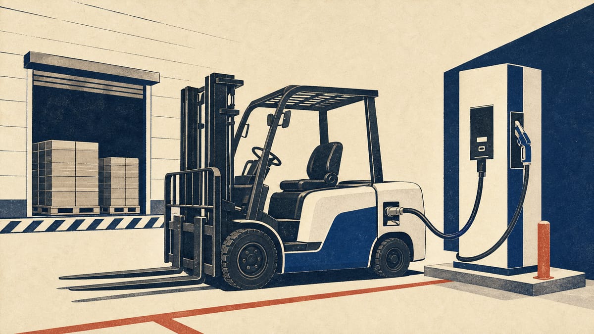 A hydrogen fuel-cell forklift next to a small hydrogen fueling dispenser at a warehouse loading dock.