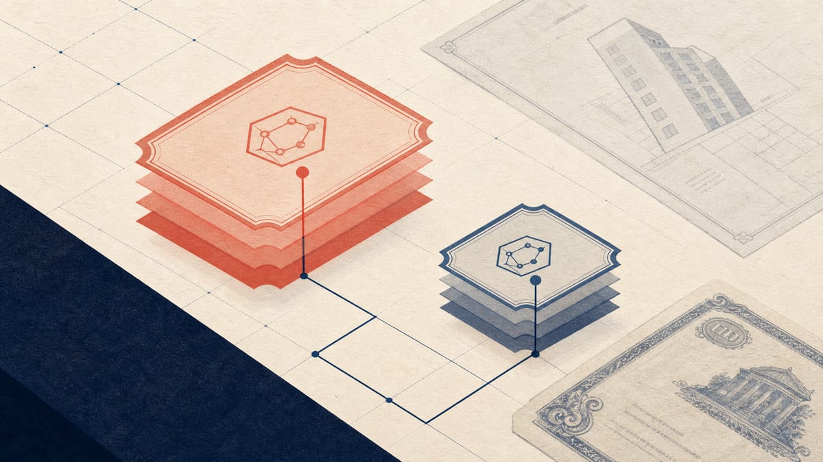 Illustration of translucent certificate-shaped digital tokens linked by ledger lines over abstract deed and stock certificate outlines, representing tiered subsidy funding for tokenized securities.