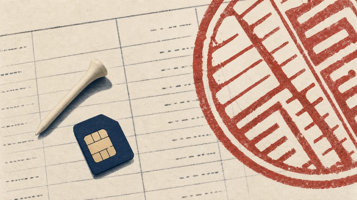 Illustration of a corporate ledger page stamped with an official seal, with a golf tee and a SIM card resting on top, symbolizing court oversight of a diversified retail and resort company's finances.