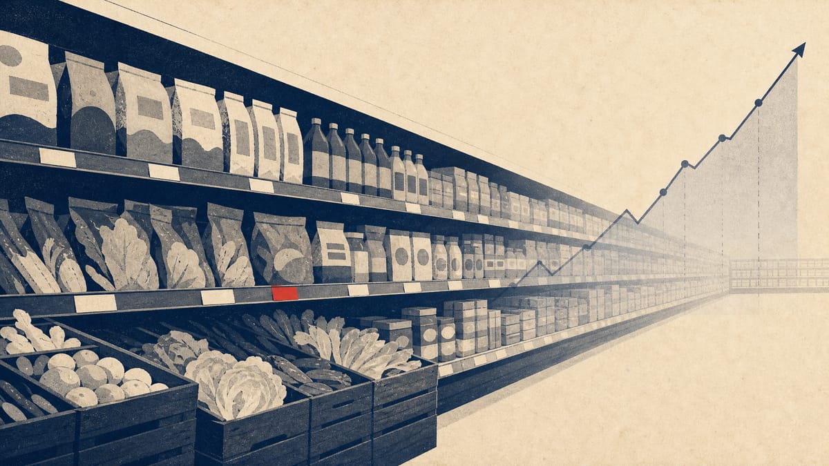 棚に商品が並び、青果クレートが置かれたスーパーマーケットの通路のイラストに、成長と債務増加を示唆する抽象的な上昇折れ線グラフをかすかに重ねた編集用イラスト