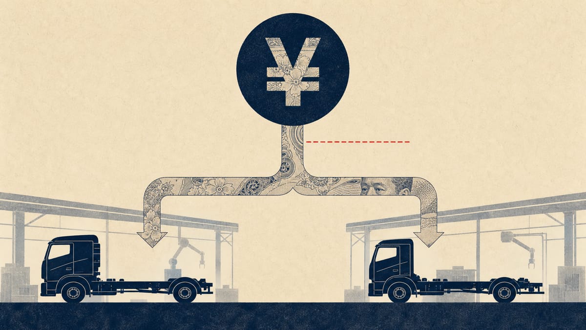 Illustration of a single yen-funding pipeline branching from a central hub into two truck-manufacturing plants, symbolizing centralized financing for a merged truck group.