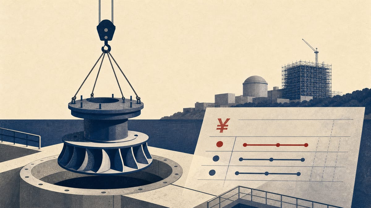 Illustration of turbine replacement equipment at a hydropower plant with nuclear-facility safety construction in the background and a yen loan ledger overlay.