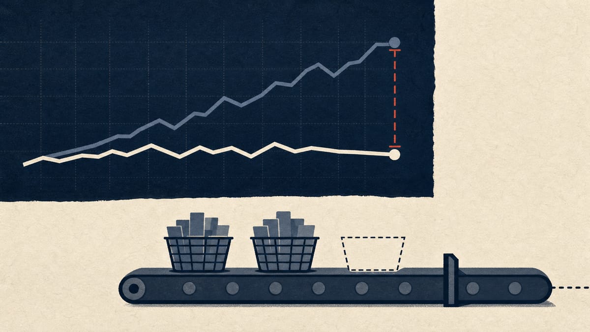Illustration of a net asset value line and a market price line diverging above a stalled ETF unit-creation conveyor, symbolizing the disclosed pricing gap.