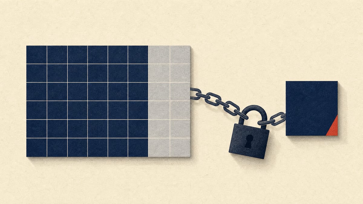 過半数株式の持分ブロックが錠前によって小規模な買収側のブロックとつながれている様子を描いた編集イラストで、非公開化を控えた企業の株式保有が拘束されている状態を象徴している。