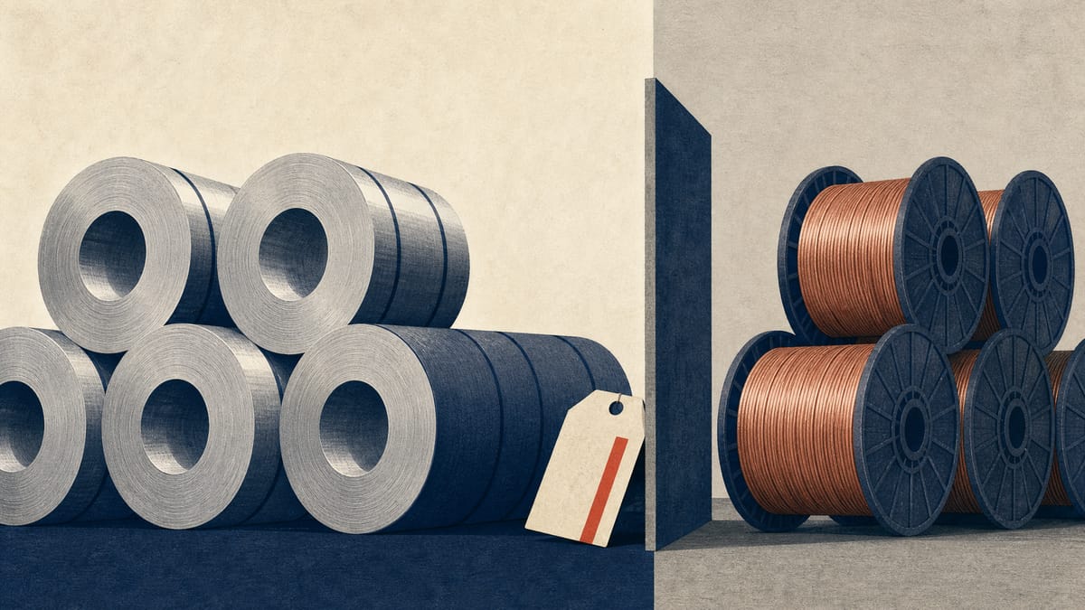 Illustration of stacked aluminum coils and copper wire reels in an industrial warehouse, with a partitioned, shaded section of the aluminum stack representing a partial stake sale.