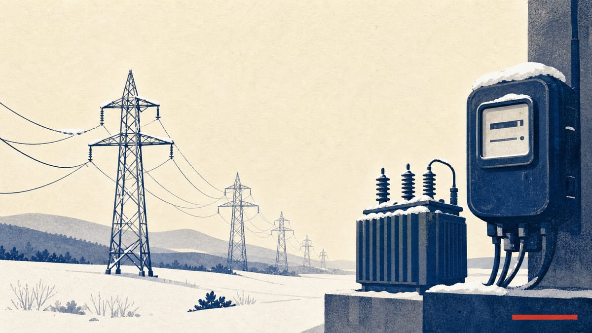 Editorial illustration of power transmission towers, distribution lines and a substation transformer representing the grid fee behind an electricity rate increase.