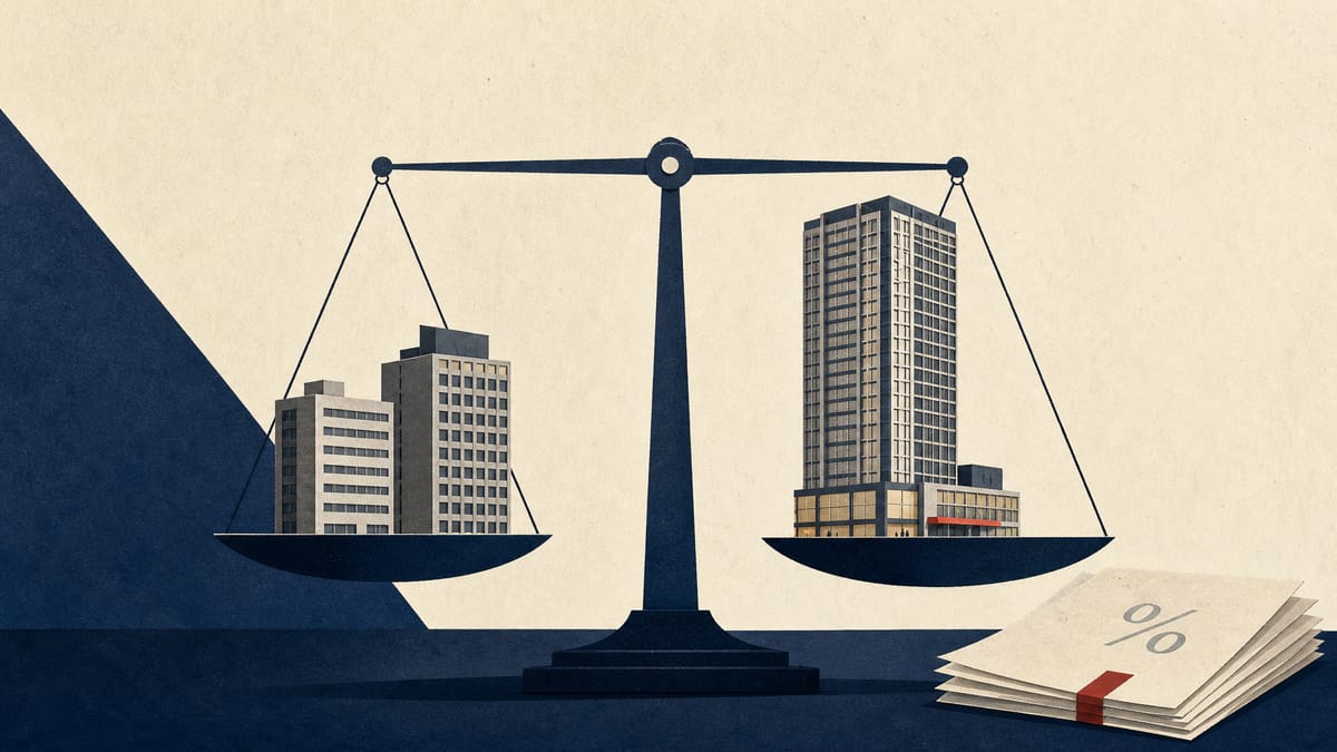 Illustration of a balance scale weighing two older office building models against a taller mixed-use tower model, with loan paperwork beside it.