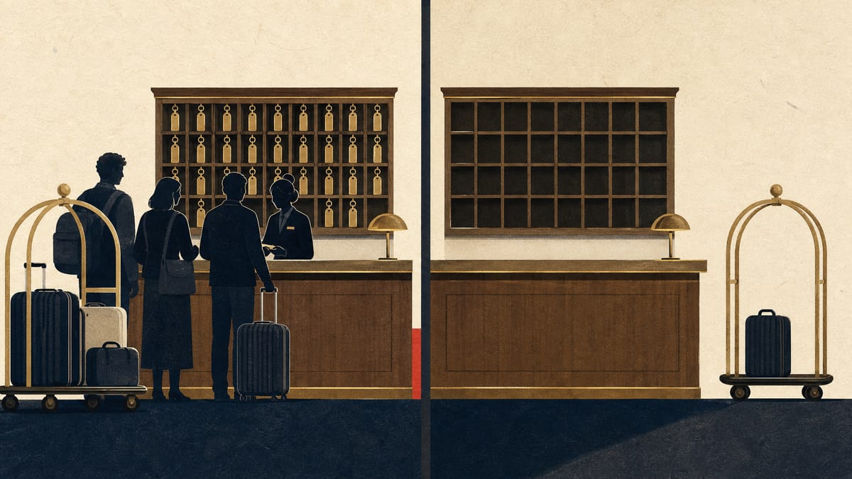 Split illustration of a hotel front desk, one side busy with guests and a full key rack, the other side quiet with an empty rack and an idle luggage cart, representing uneven regional hotel demand.