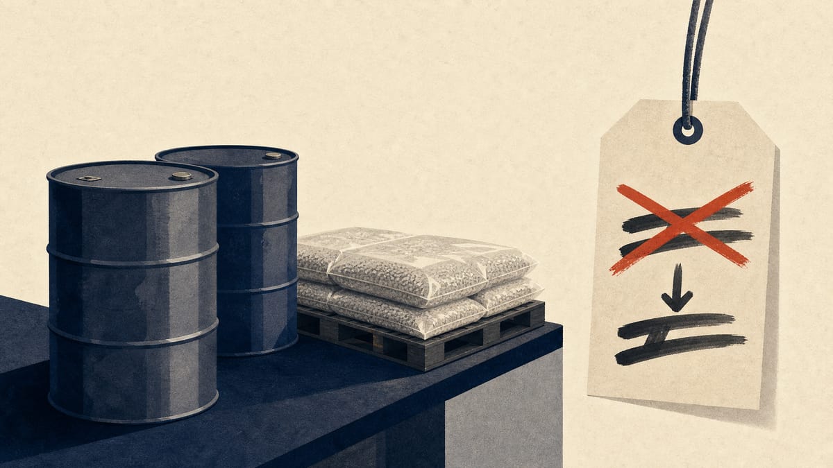 Illustration of a loading dock with drums of industrial lubricant and pallets of plastic resin pellets next to a price tag partly crossed out and rewritten lower, symbolizing partial cost pass-through in a supply chain.