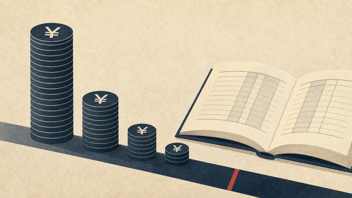 Illustration of stacked yen coin towers of varying heights next to an open ledger book, representing staggered public-fund repayment obligations.