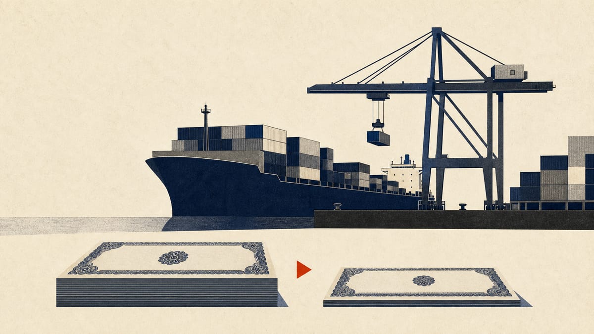 Editorial illustration of a container ship and port cranes beside an abstract shrinking stack of share certificates, representing K Line's treasury share cancellation.