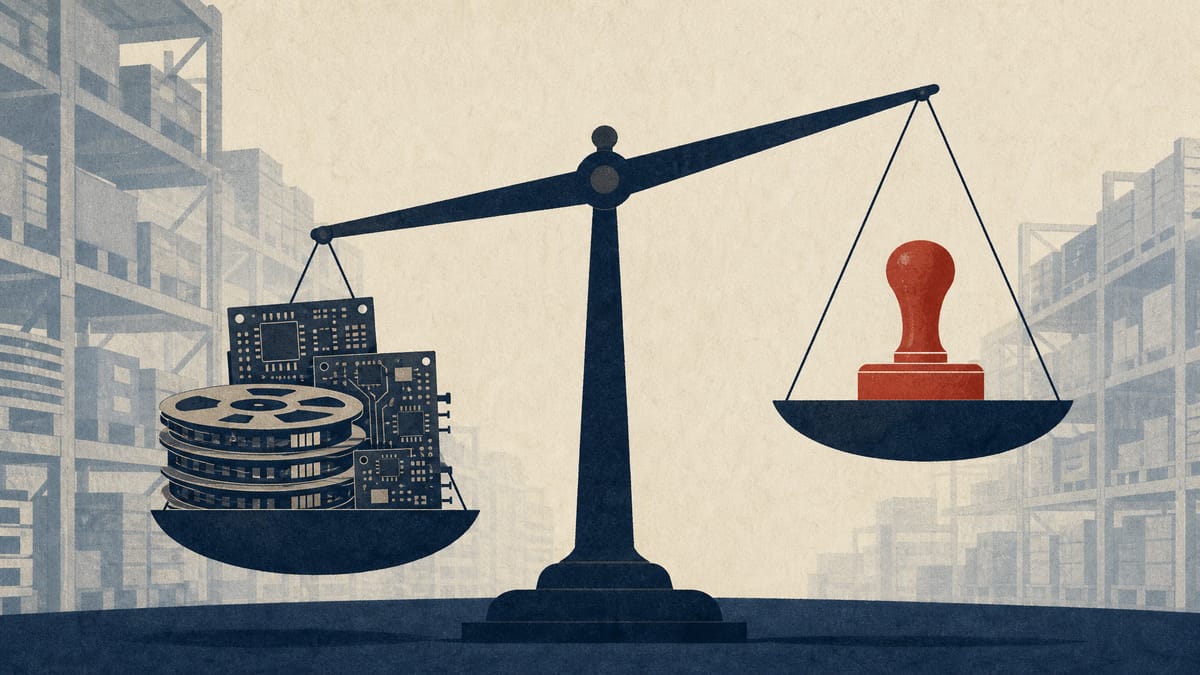 Illustration of a balance scale weighing electronic component reels against an accounting stamp, representing operating profit versus a one-off accounting gain.