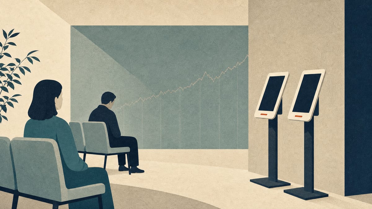 Illustration of a clinic waiting area with self-check-in kiosk terminals, evoking the newly listed medical-DX software company's product line and market debut.