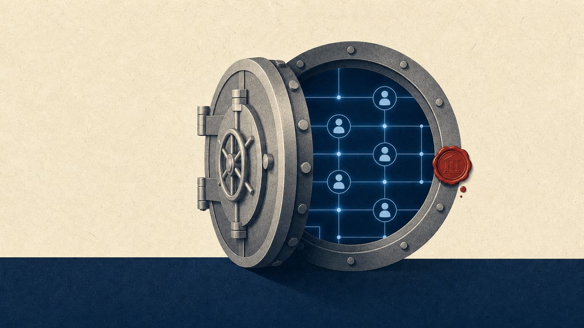 現金の代わりに光るデジタル口座ノードが現れる銀行金庫の扉を描いた編集イラストで、規制当局の承認を示す小さな封蝋が添えられている。