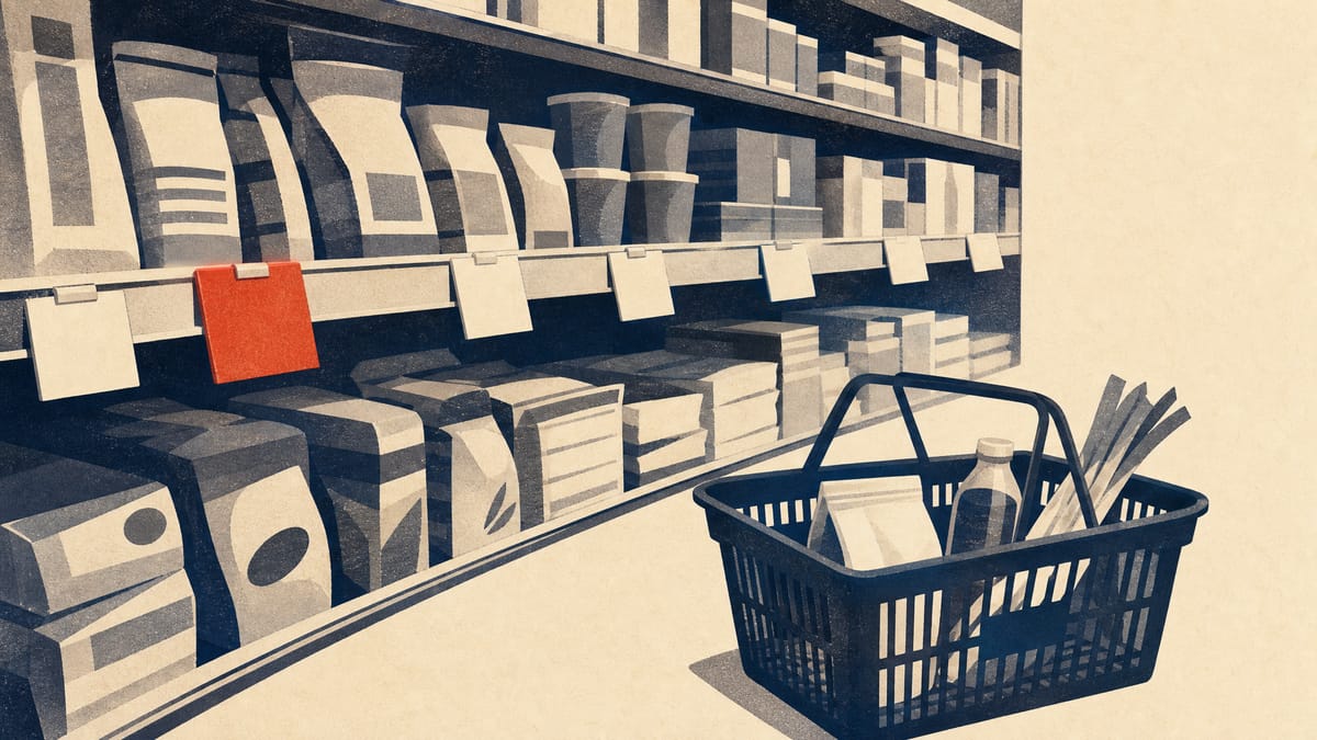 Illustration of a supermarket aisle with discount price tags and a sparsely filled shopping basket, representing a Japanese retailer's earnings downgrade.