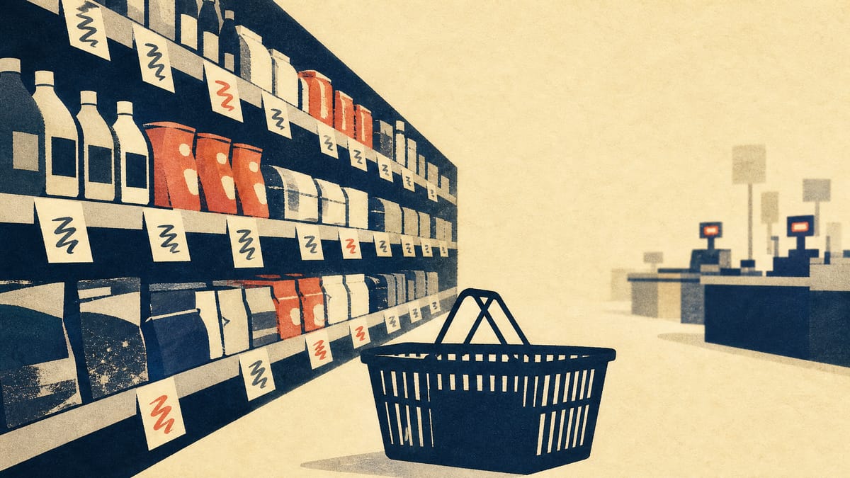 Editorial illustration of a busy discount-store aisle with tightly stacked shelves and price tags, evoking Japan's discount retail sector.